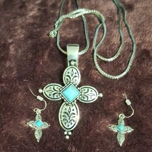 Silver Plated and Turquoise Cross Pendant Necklace and Earring Set